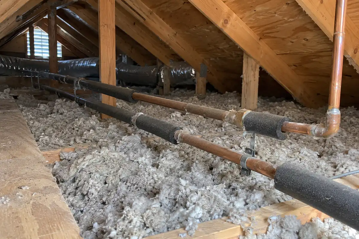 Water supply lines in a Kyle, TX attic, where pipes freeze and burst Water supply lines in a Kyle, TX attic, where pipes freeze and burst
